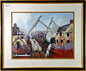 Framed painting of a downed Martian walker between two cottages as a shepherd boy drives two sheep through the carnage. Painting titled The Walker at Lymebridge by David Nicol