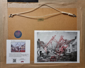 Reverse of the frame of The Walker at Lymebridge by David Nicol detailing the artist labels.