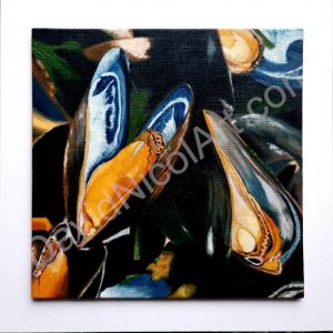 An oil on canvas panel painting of ready to eat mussels by David Nicol