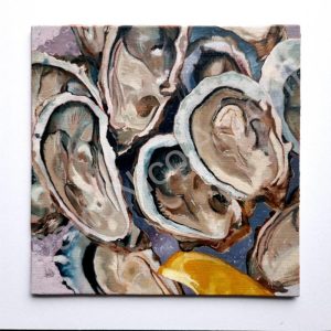 An oil on canvas board painting of oysters, ready to eat.