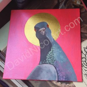 An in progress painting of a pigeon with a halo, on a shocking pink background by David Nicol